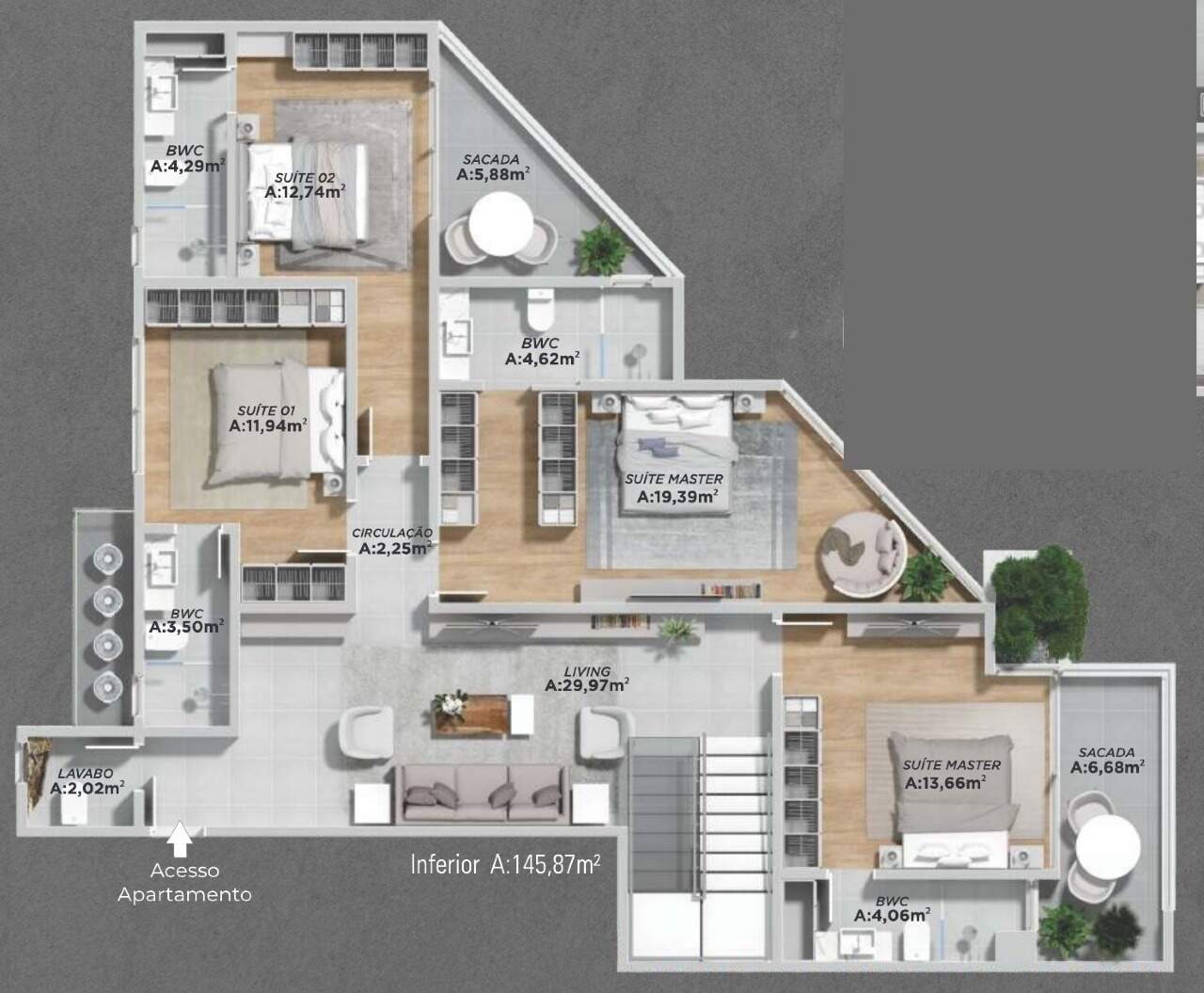 Cobertura à venda no Cabeçudas: Planta do pavimento inferior da cobertura de 291,74 m²: 4 suítes, living e 2 sacadas