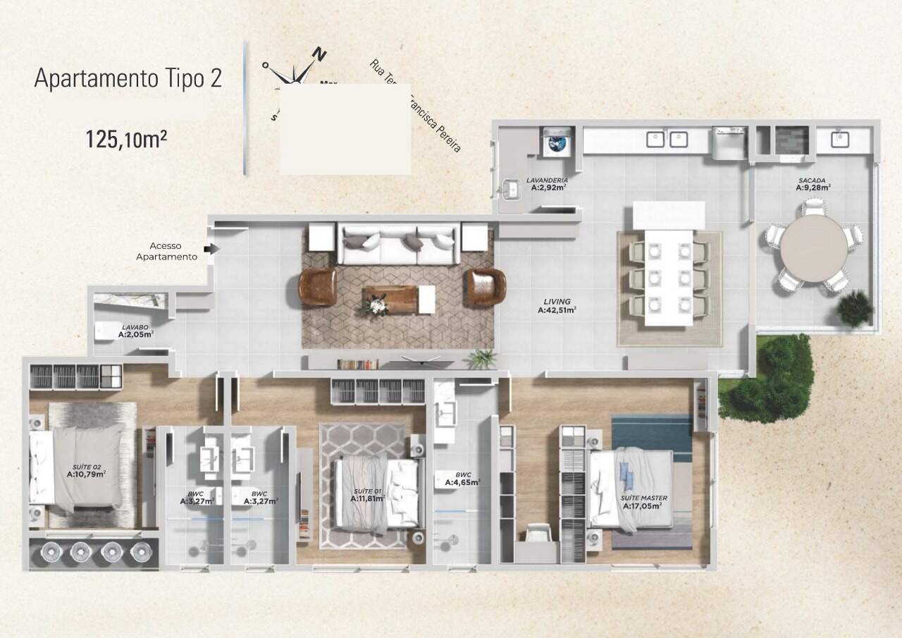 Apartamento à venda no Cabeçudas: Planta tipo 2 de 125 m²: 3 suítes, living integrado e sacada com churrasqueira