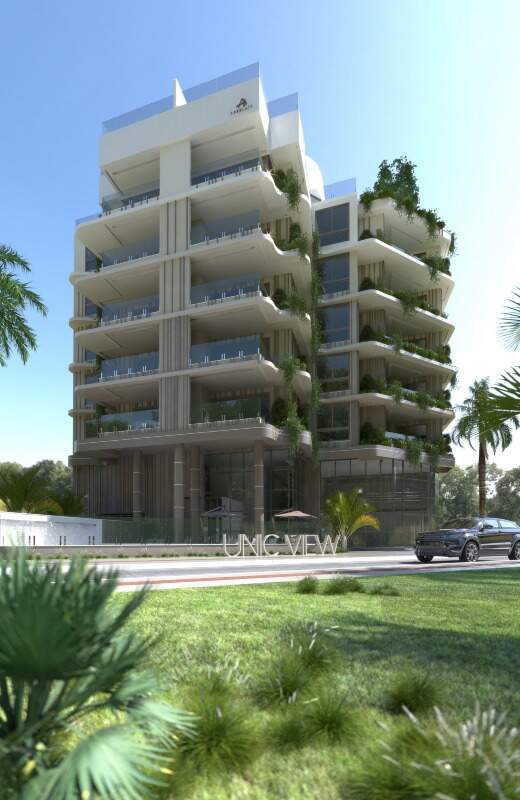 Apartamento à venda no Cabeçudas: Fachada do Unic View com o letreiro na entrada (imagem ilustrativa)