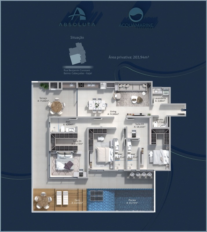 Apartamento diferenciado à venda no Cabeçudas: Planta do apartamento diferenciado de 203,94 m², com terraço, deck e piscina