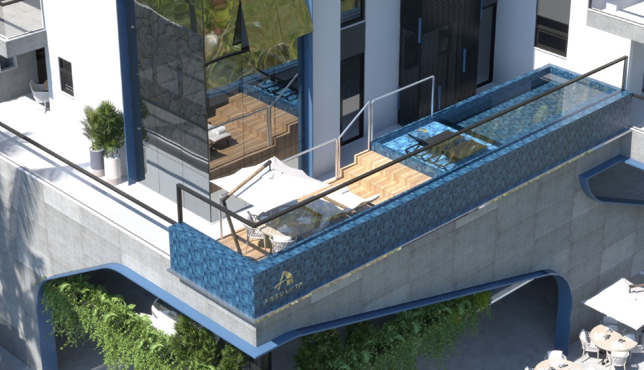 Apartamento diferenciado à venda no Cabeçudas: Terraço com deck e piscina privativa, visto de cima (imagem ilustrativa)