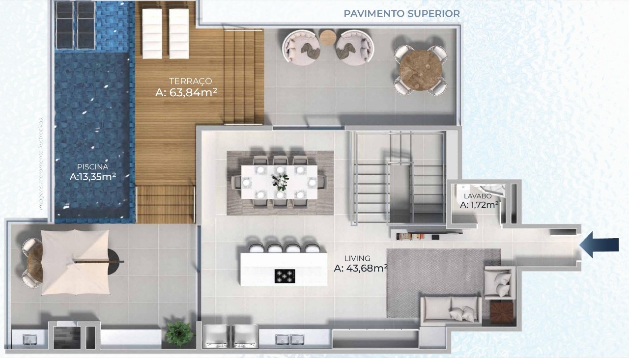 Cobertura à venda no Cabeçudas: Planta do pavimento superior, com living, terraço de 63,84 m² e piscina