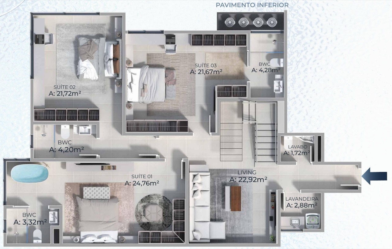 Cobertura à venda no Cabeçudas: Planta do pavimento inferior da cobertura de 257,78 m², com 3 suítes