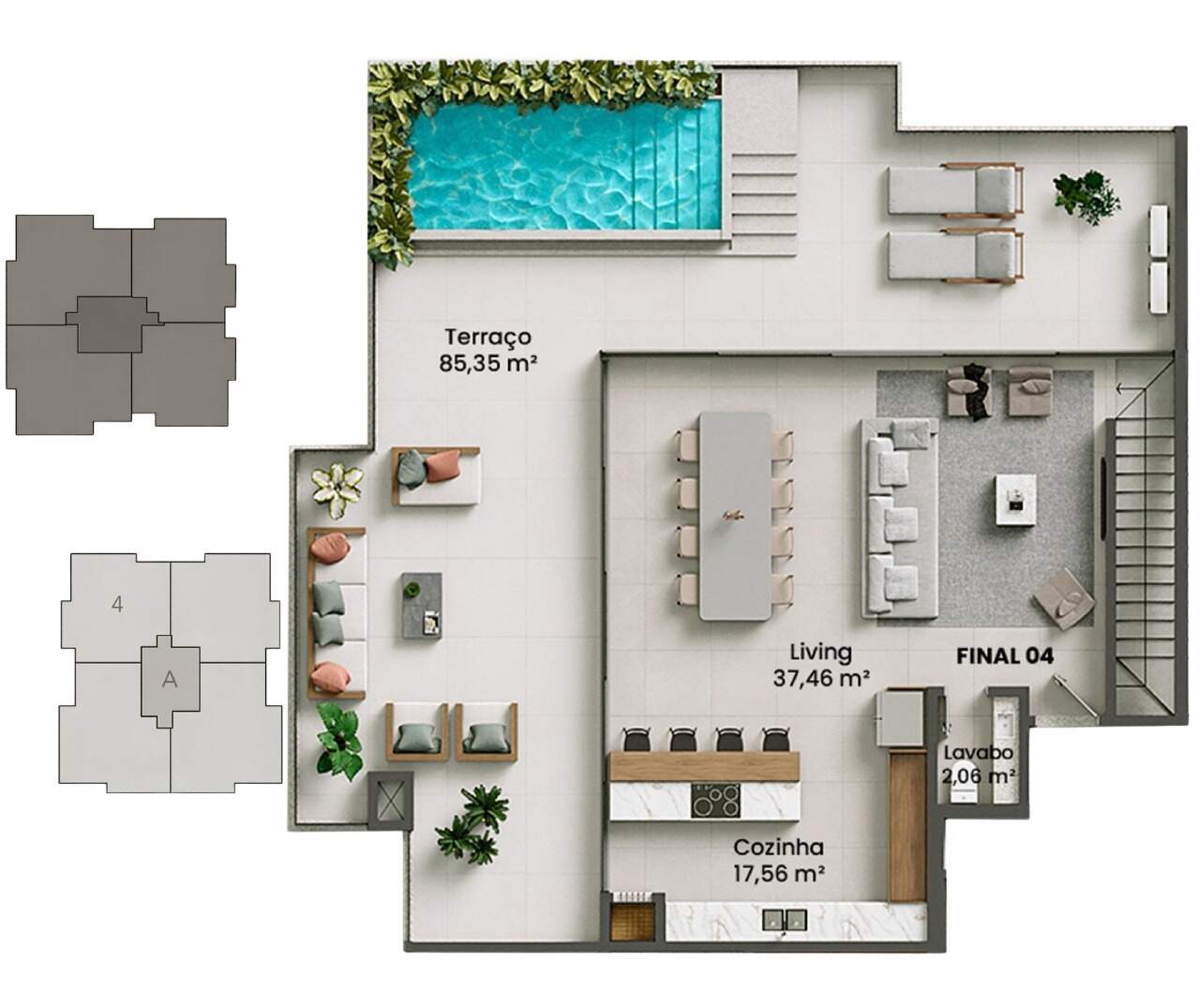 Cobertura à venda no Fazenda: Planta do pavimento superior: living, cozinha, lavabo e terraço de 85,35 m² com piscina