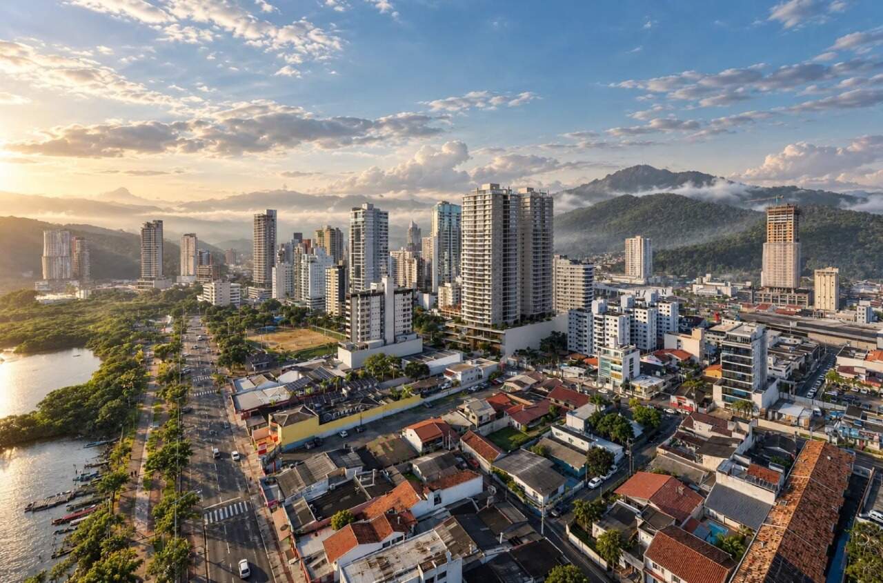 Cobertura à venda no Fazenda: Bairro Fazenda visto do alto, com o Pátio Beira Rio em fotomontagem (imagem ilustrativa)