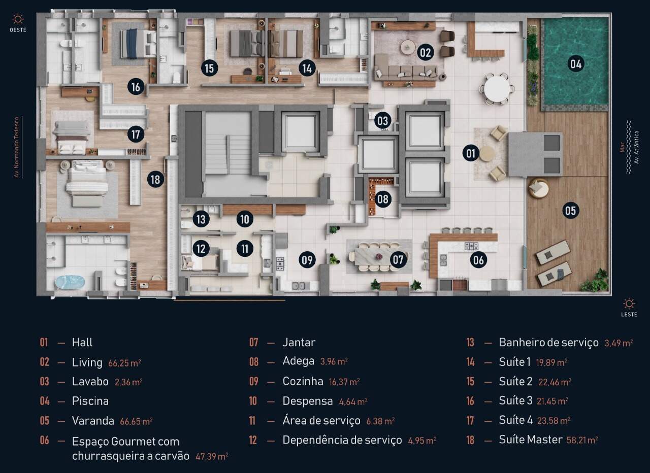 Cobertura à venda no Centro: Planta da penthouse do Hyde: 468,68 m², 5 suítes e varanda com piscina e espaço gourmet