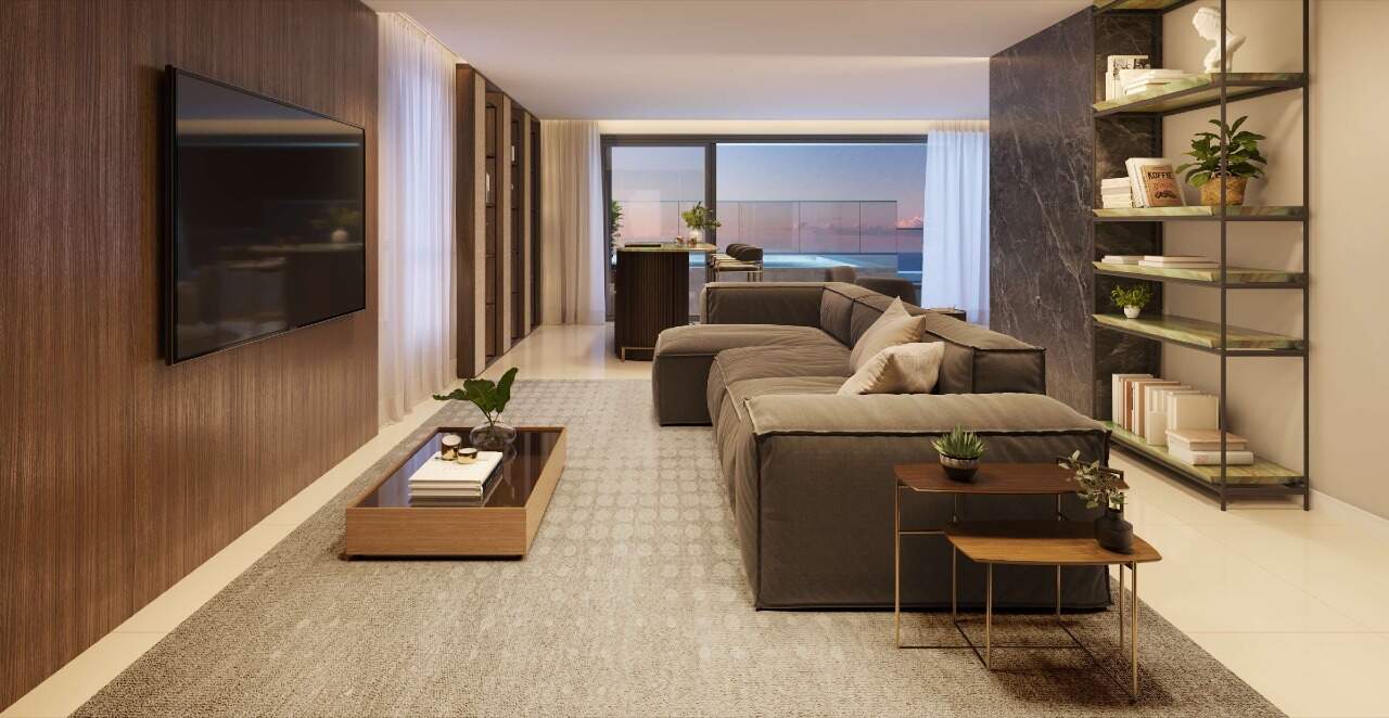 Cobertura à venda no Centro: Living da penthouse, com estar, TV e a varanda ao fundo (imagem ilustrativa)