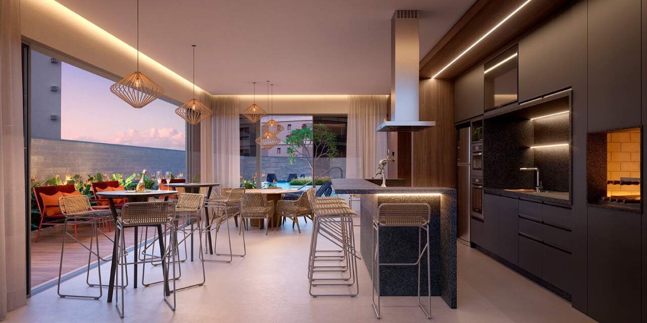 Cobertura à venda no Centro: Poolhouse com cozinha, banquetas e mesas junto à piscina (imagem ilustrativa)