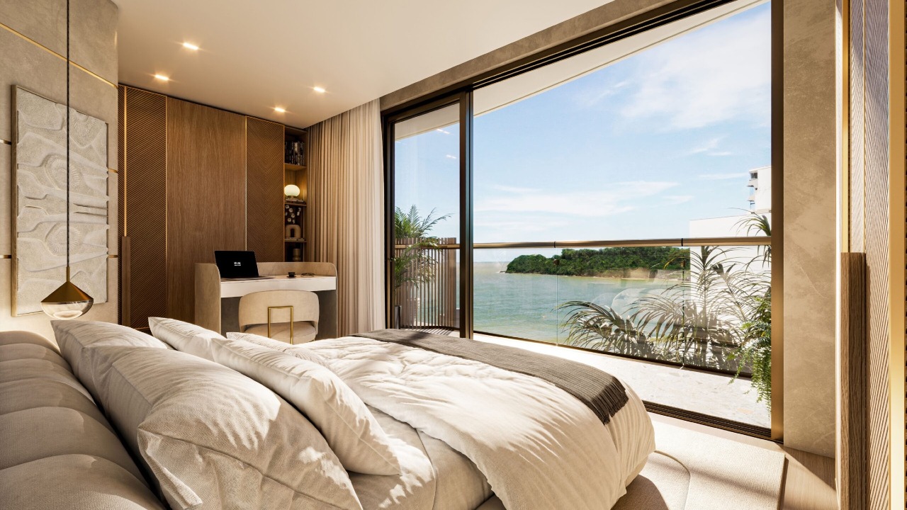Apartamento diferenciado à venda no Cabeçudas: Suíte master com vista para o mar (imagem ilustrativa)