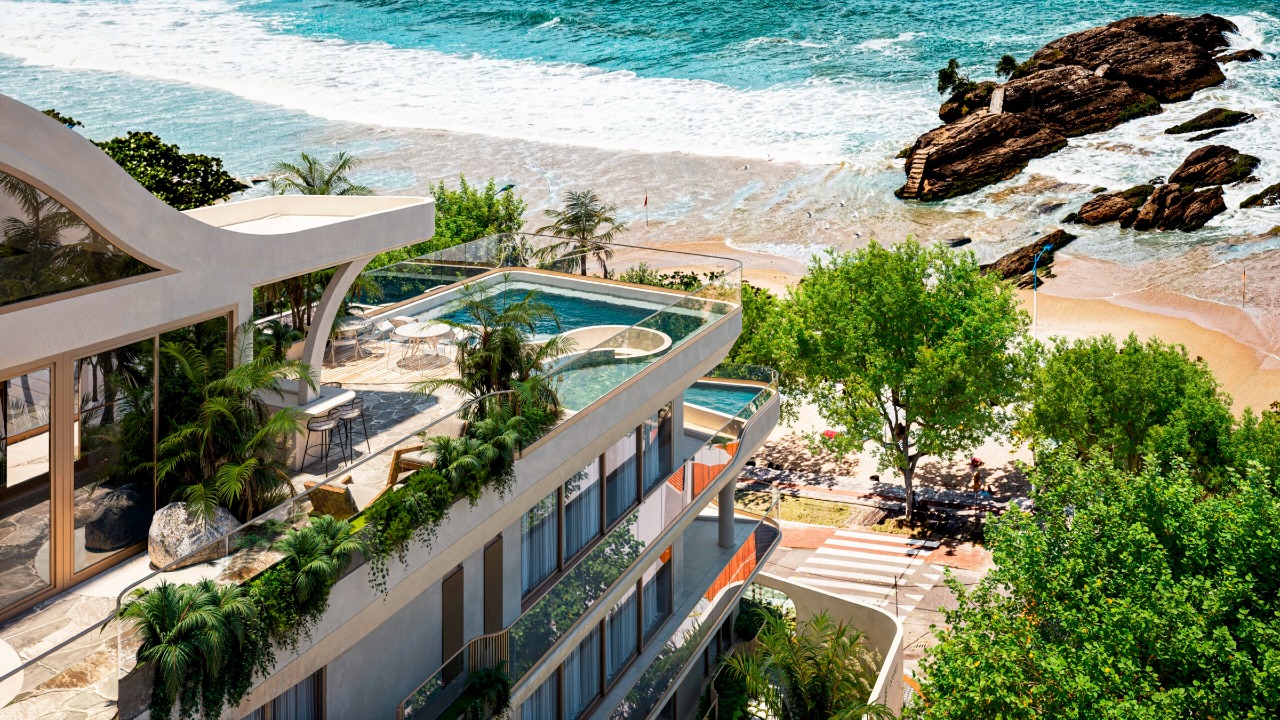 Apartamento diferenciado à venda no Cabeçudas: Piscina do rooftop com vista para a Praia de Cabeçudas (imagem ilustrativa)