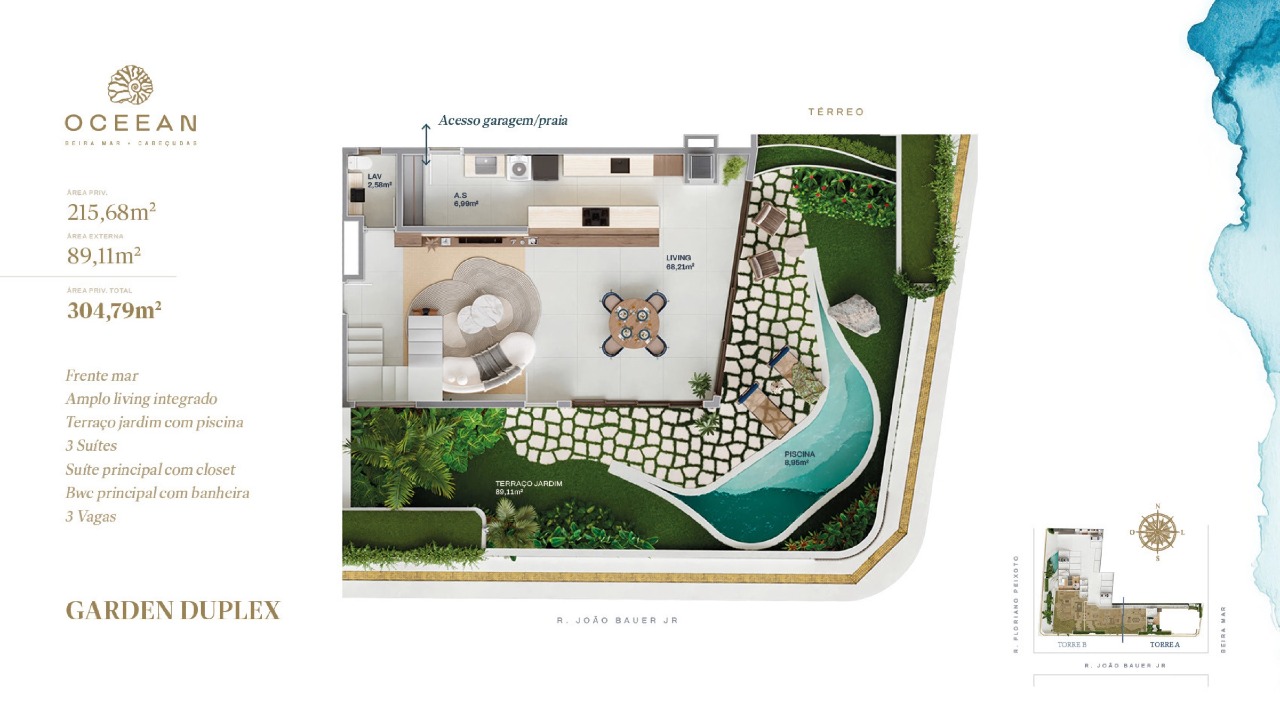 Apartamento diferenciado à venda no Cabeçudas: Planta do pavimento do jardim: living de 68,21 m², terraço jardim de 89,11 m² e piscina