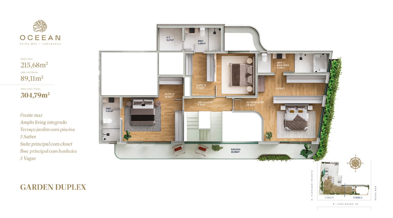 Apartamento diferenciado à venda no Cabeçudas: Planta do pavimento das suítes do garden duplex, com sacada de 16,99 m²