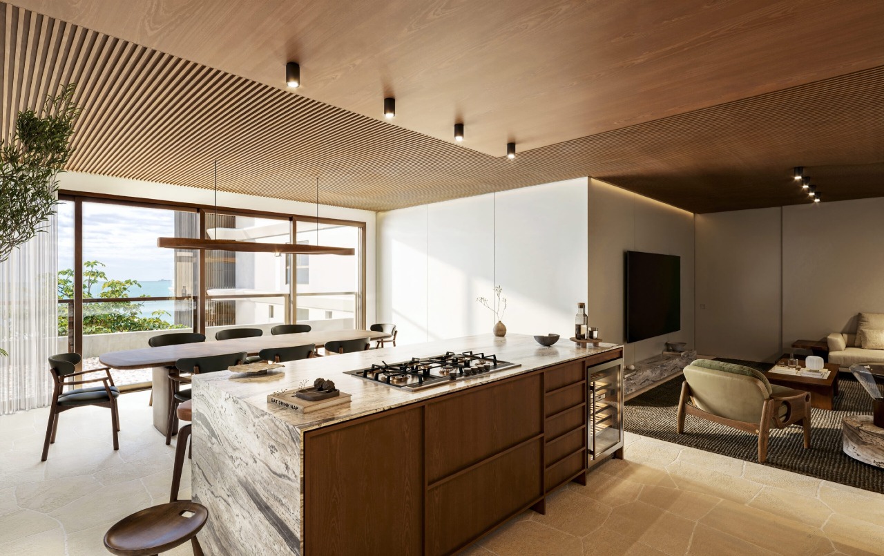 Cobertura à venda no Cabeçudas: Cozinha com ilha integrada ao living, em planta do mesmo final (imagem ilustrativa)