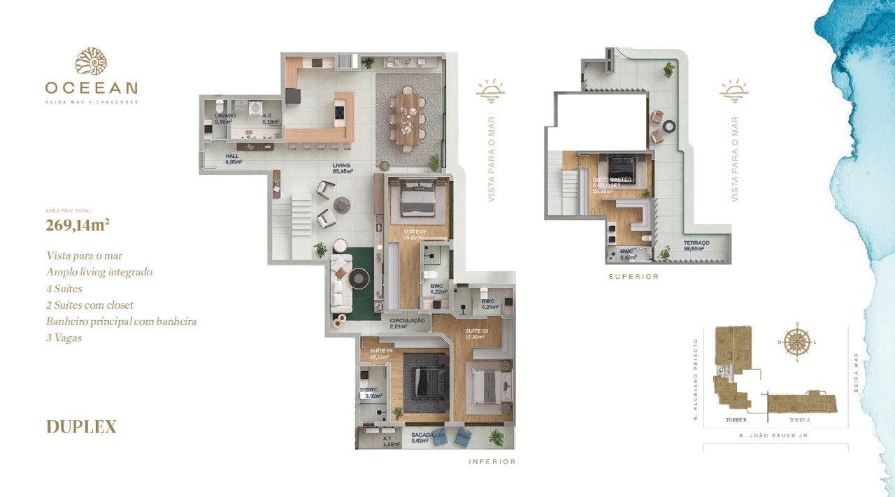 Cobertura à venda no Cabeçudas: Planta da cobertura duplex de 269,14 m², pavimentos inferior e superior