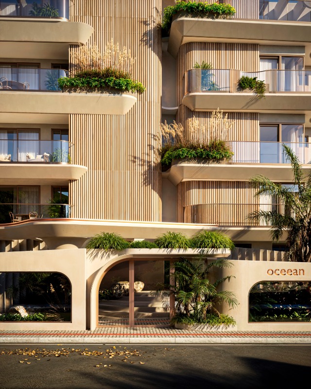 Apartamento diferenciado à venda no Cabeçudas: Acesso de pedestres do Oceean, com arcos e jardineiras (imagem ilustrativa)