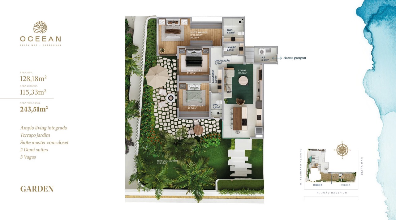 Apartamento diferenciado à venda no Cabeçudas: Planta do garden de 243,51 m², com terraço jardim de 115,33 m²
