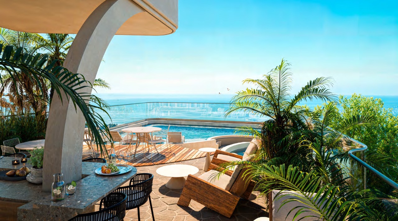 Apartamento à venda no Cabeçudas: Lounge do rooftop com bar e piscina voltados para o mar (imagem ilustrativa)