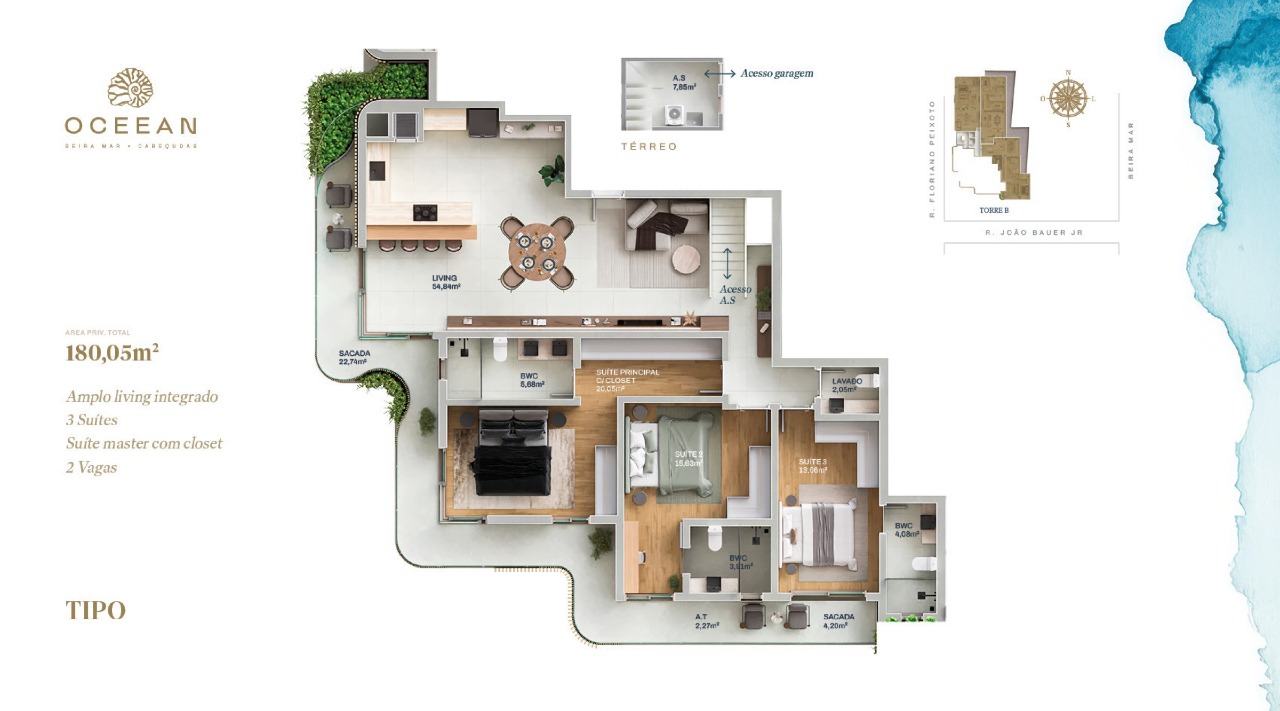 Apartamento à venda no Cabeçudas: Planta de 180,05 m² com 3 suítes, sacada de 22,74 m² e área de serviço separada