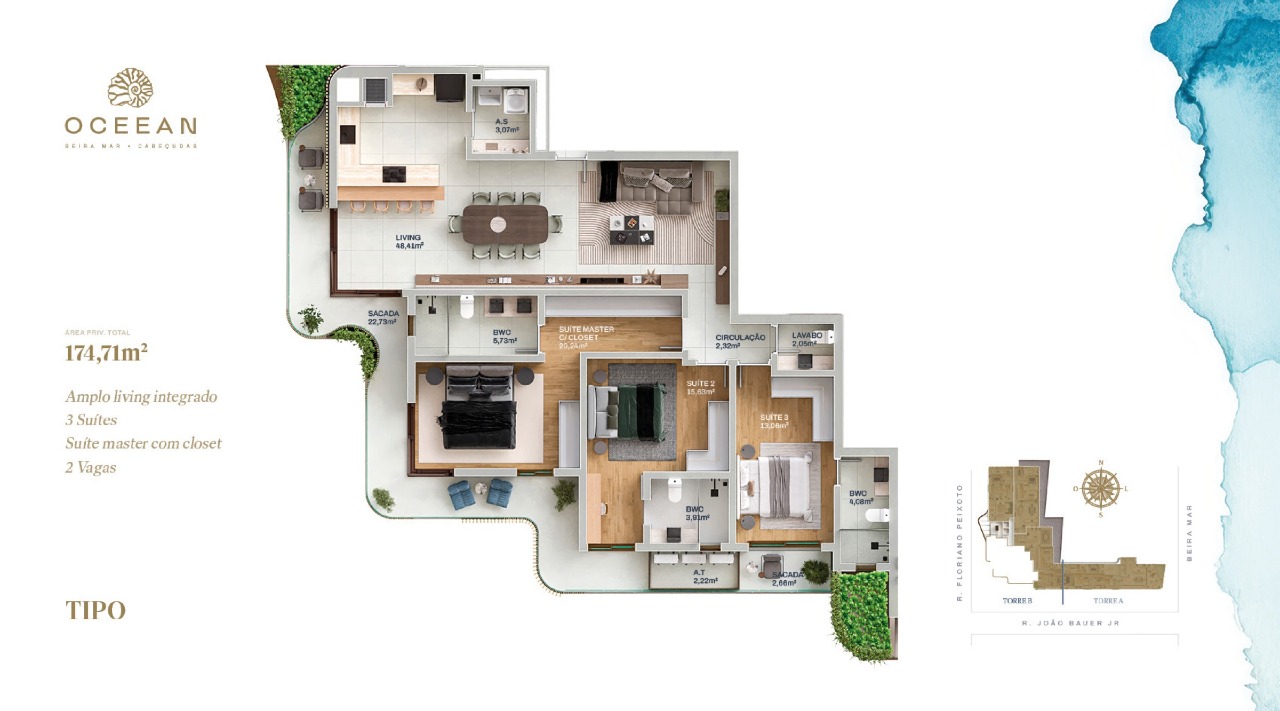 Apartamento à venda no Cabeçudas: Planta de 174,71 m² com 3 suítes e sacada de 22,73 m² na esquina