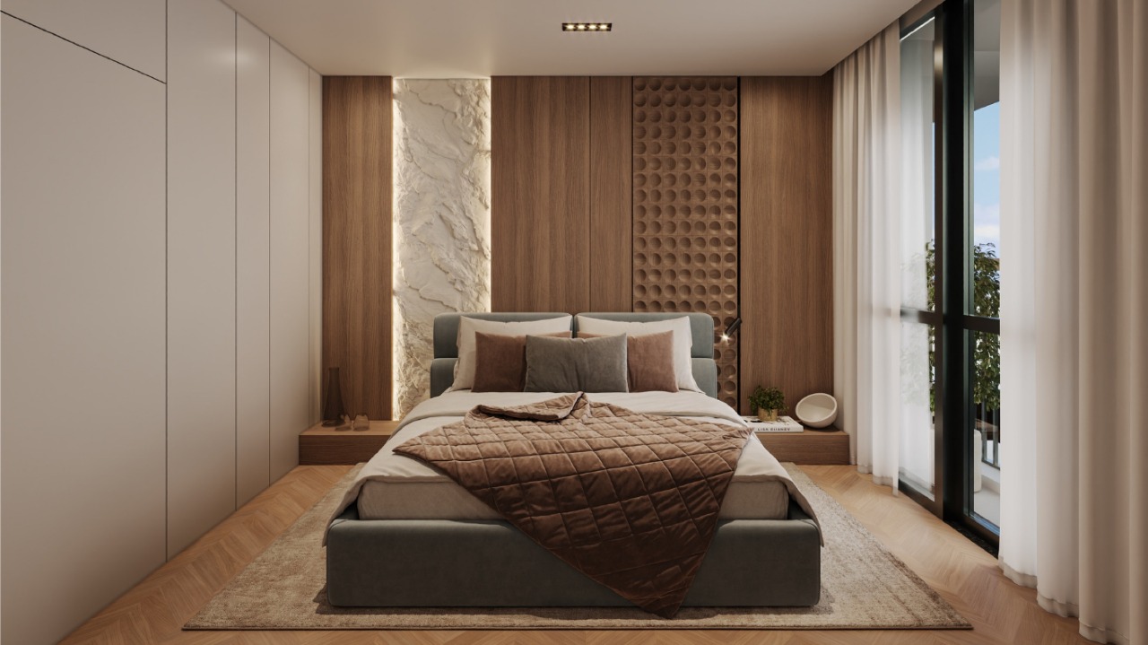 Apartamento à venda no Centro: Dormitório decorado com painel amadeirado (imagem ilustrativa)
