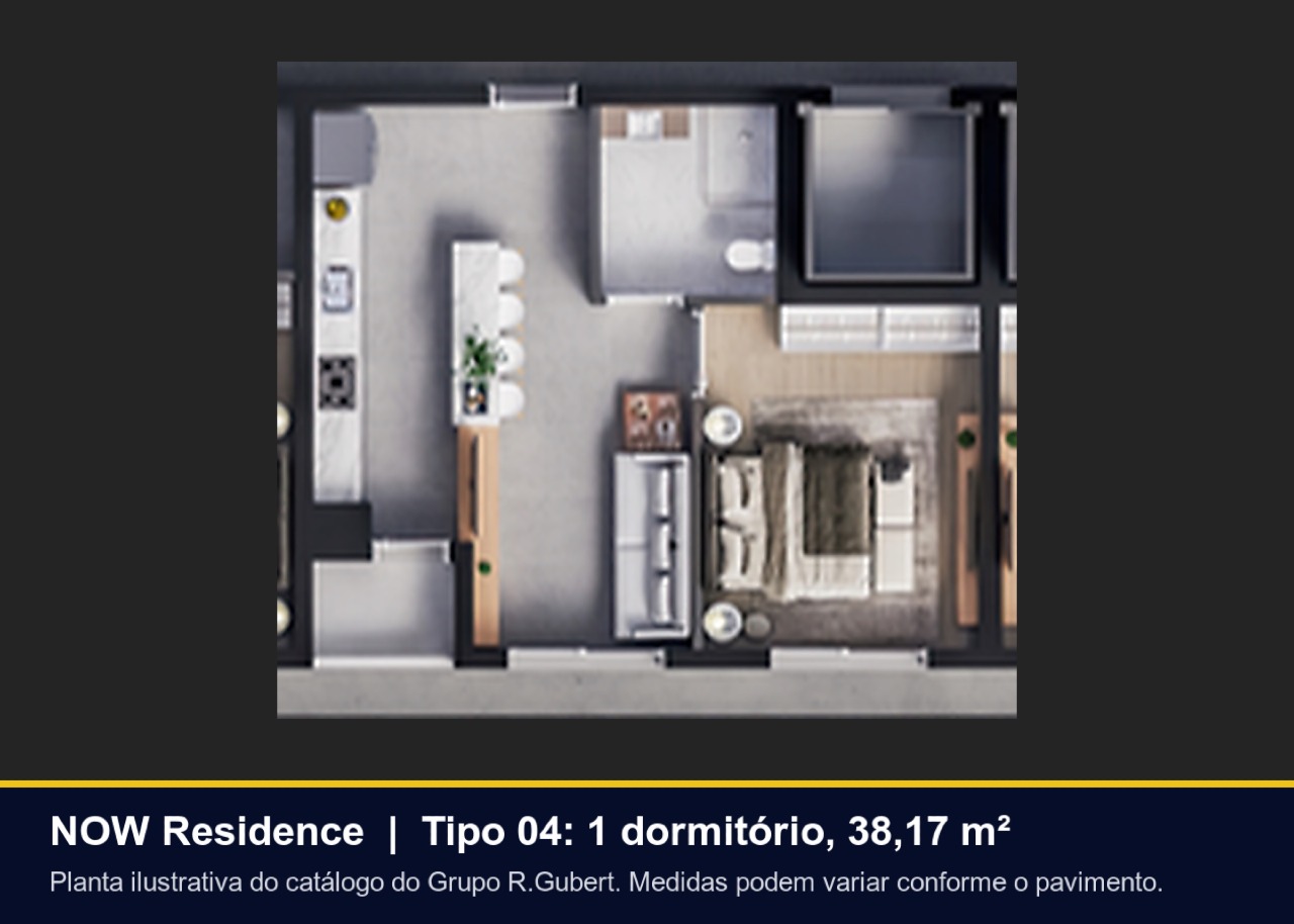 Apartamento à venda no Centro: Planta do Tipo 04, um dormitório em 38,17 m² (ilustrativa)