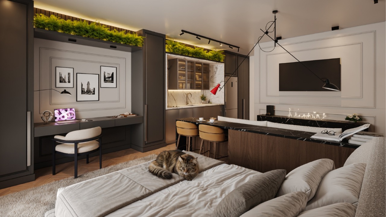Apartamento à venda no Centro: Loft Plus decorado, com cama, home office e cozinha (imagem ilustrativa)