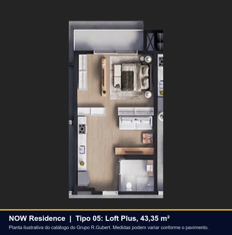 Apartamento à venda no Centro: Planta do Tipo 05, Loft Plus de 43,35 m² com sacada (ilustrativa)