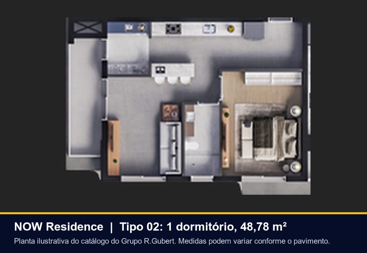 Apartamento à venda no Centro: Planta do Tipo 02, um dormitório em 48,78 m² com sacada lateral (ilustrativa)