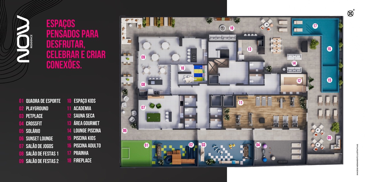 Apartamento à venda no Centro: Planta do pavimento de lazer: piscinas, academia, salões e quadra