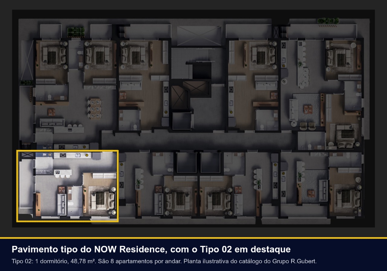 Apartamento à venda no Centro: Pavimento tipo com a posição do Tipo 02 destacada
