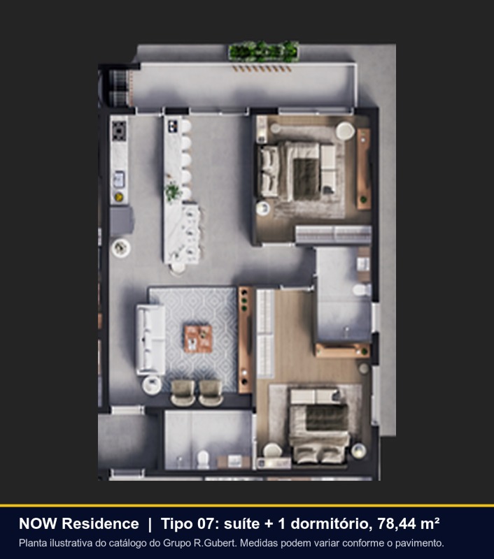 Apartamento à venda no Centro: Planta do Tipo 07, suíte e mais um dormitório, com sacada (ilustrativa)