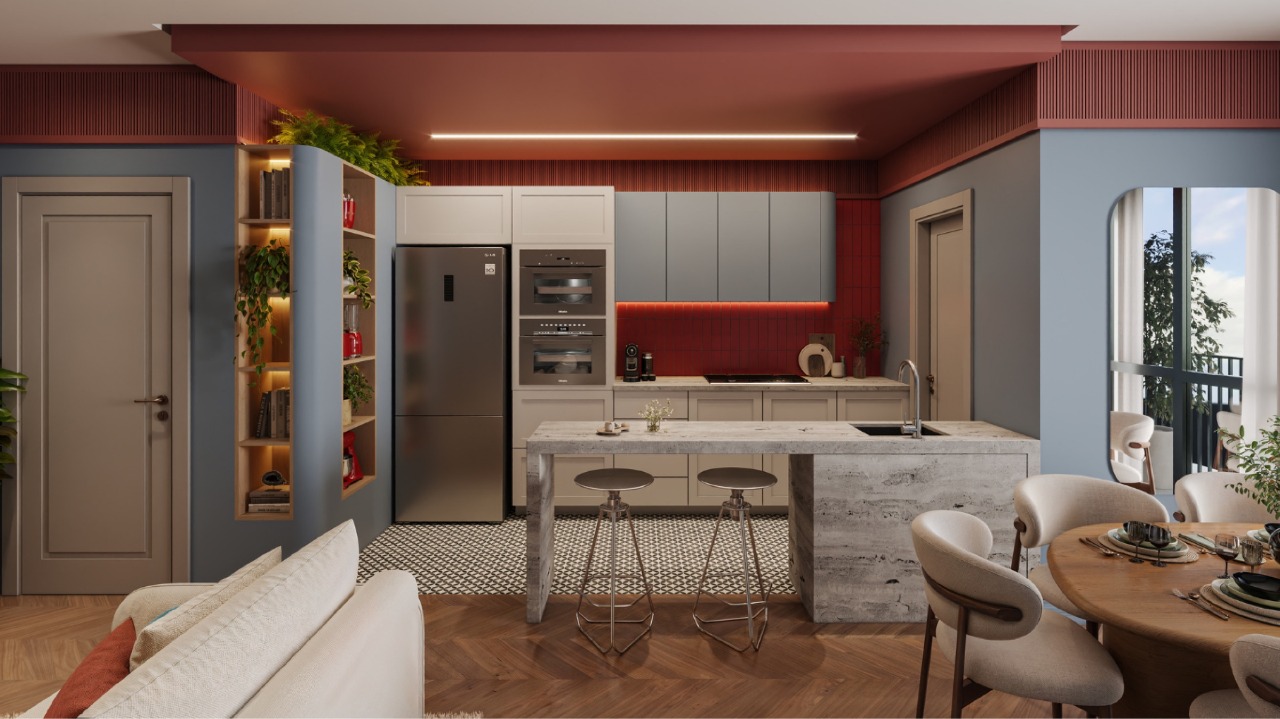 Apartamento à venda no Centro: Cozinha com ilha e mesa de jantar integradas ao living (imagem ilustrativa)