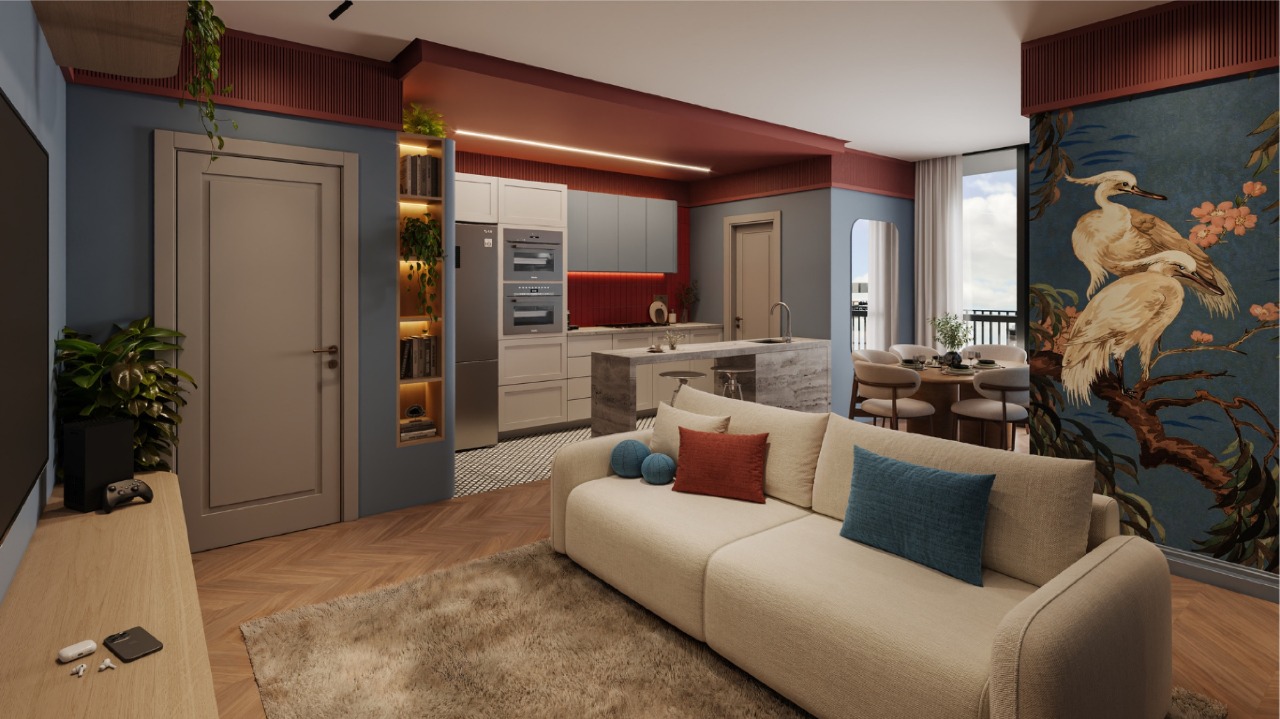 Apartamento à venda no Centro: Living decorado com sofá e cozinha integrada (imagem ilustrativa)