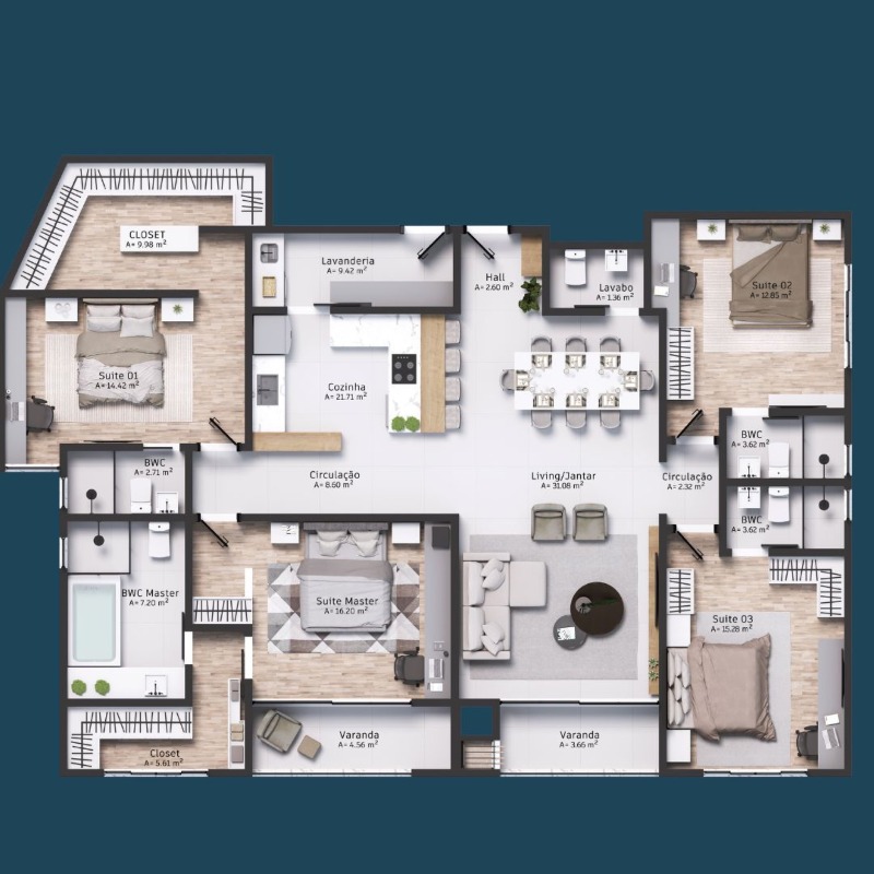 Apartamento à venda no Centro: Planta de 170 m² com quatro suítes, living de 31 m² e duas varandas