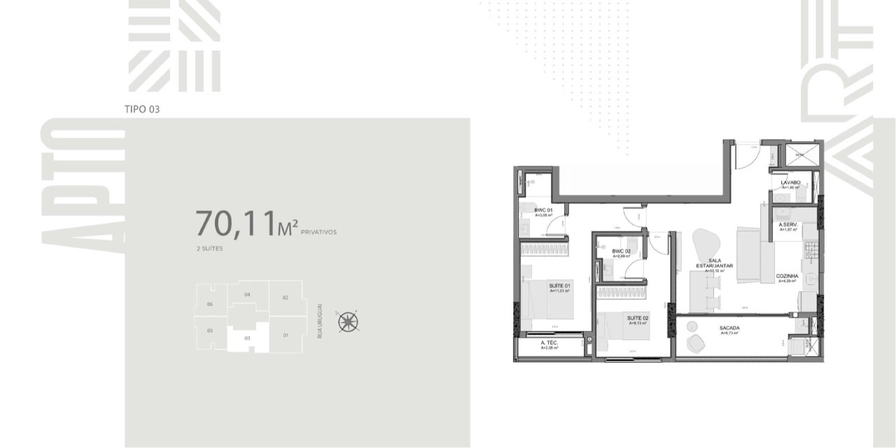 Apartamento à venda no Centro: Planta do final 03: 70,11 m² com 2 suítes, lavabo e sacada com churrasqueira