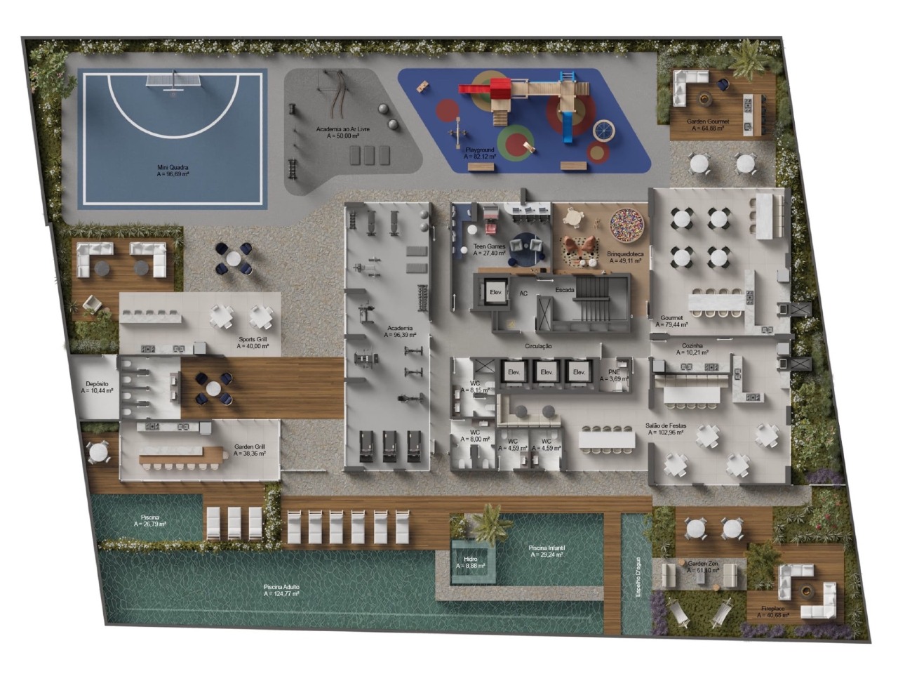 Apartamento à venda no Centro: Planta do pavimento de lazer: piscinas, quadra, playground e academia (imagem ilustrativa)