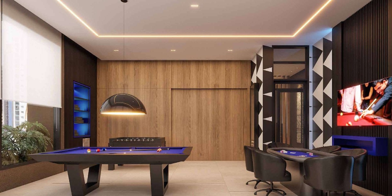 Apartamento à venda no Centro: Sala de jogos com mesa de sinuca e mesa de carteado (imagem ilustrativa)