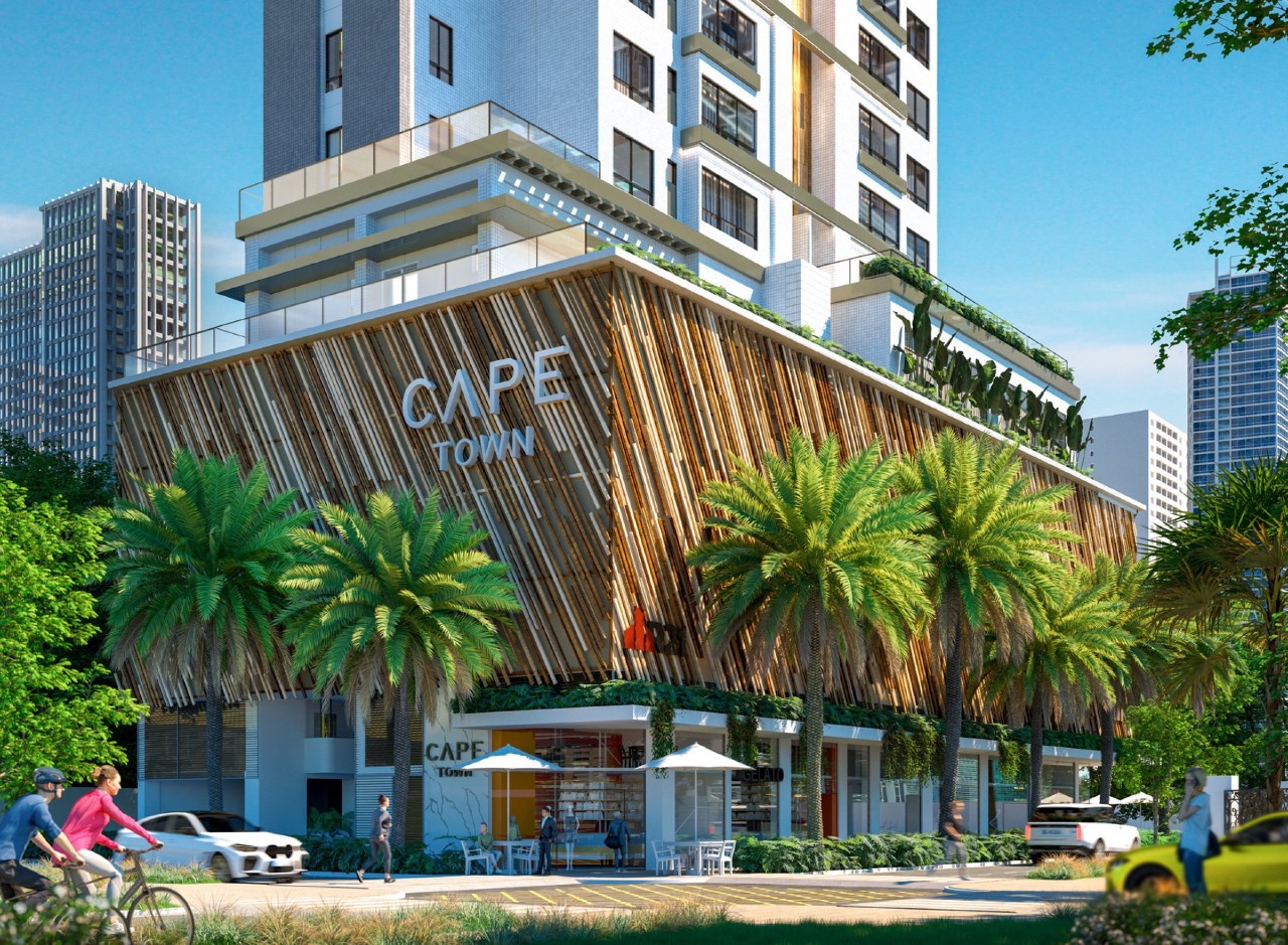 Apartamento à venda no Centro: Base do Cape Town com ripas de madeira, letreiro e palmeiras (imagem ilustrativa)