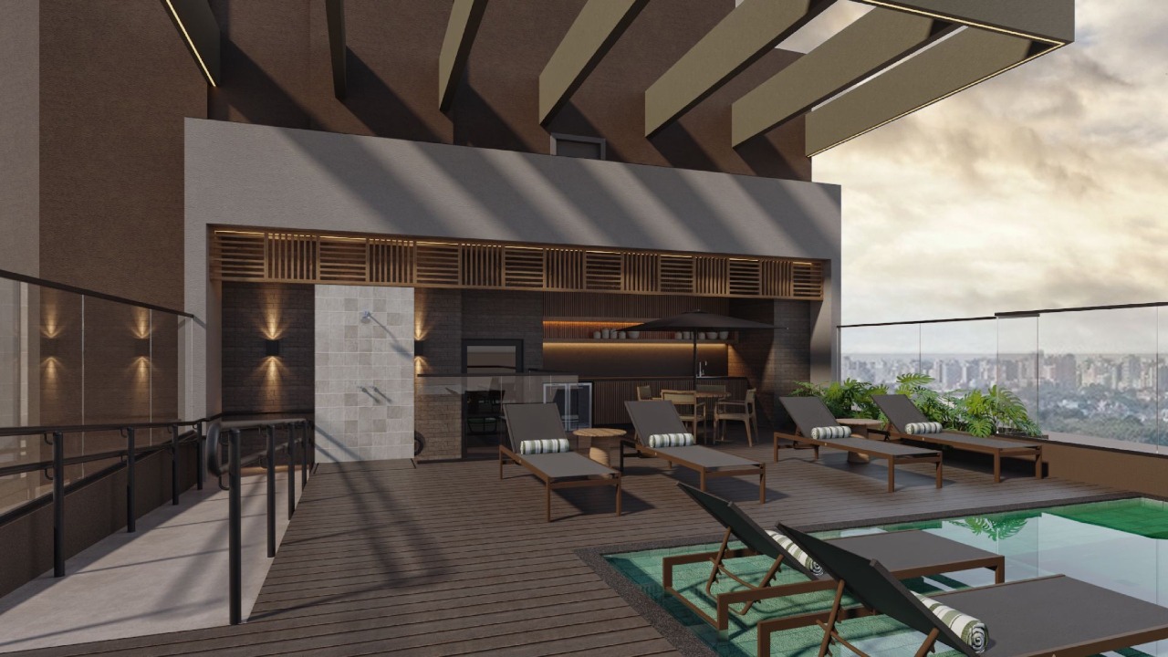 Apartamento à venda no Centro: Deck do rooftop com espreguiçadeiras e bar coberto (imagem ilustrativa)