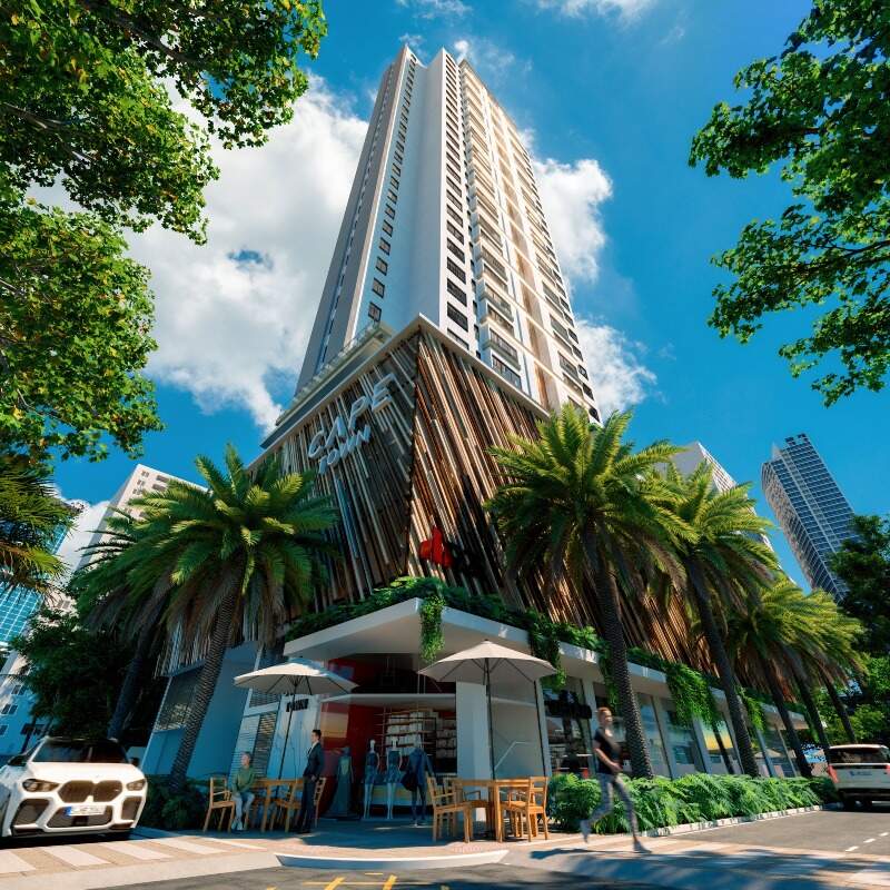 Apartamento à venda no Centro: Torre do Cape Town vista da rua, com palmeiras e ripas de madeira na base (imagem ilustrativa)