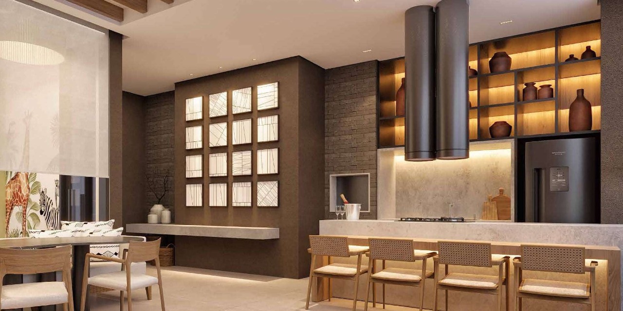 Apartamento à venda no Centro: Área gourmet com ilha, adega e mesas de jantar (imagem ilustrativa)