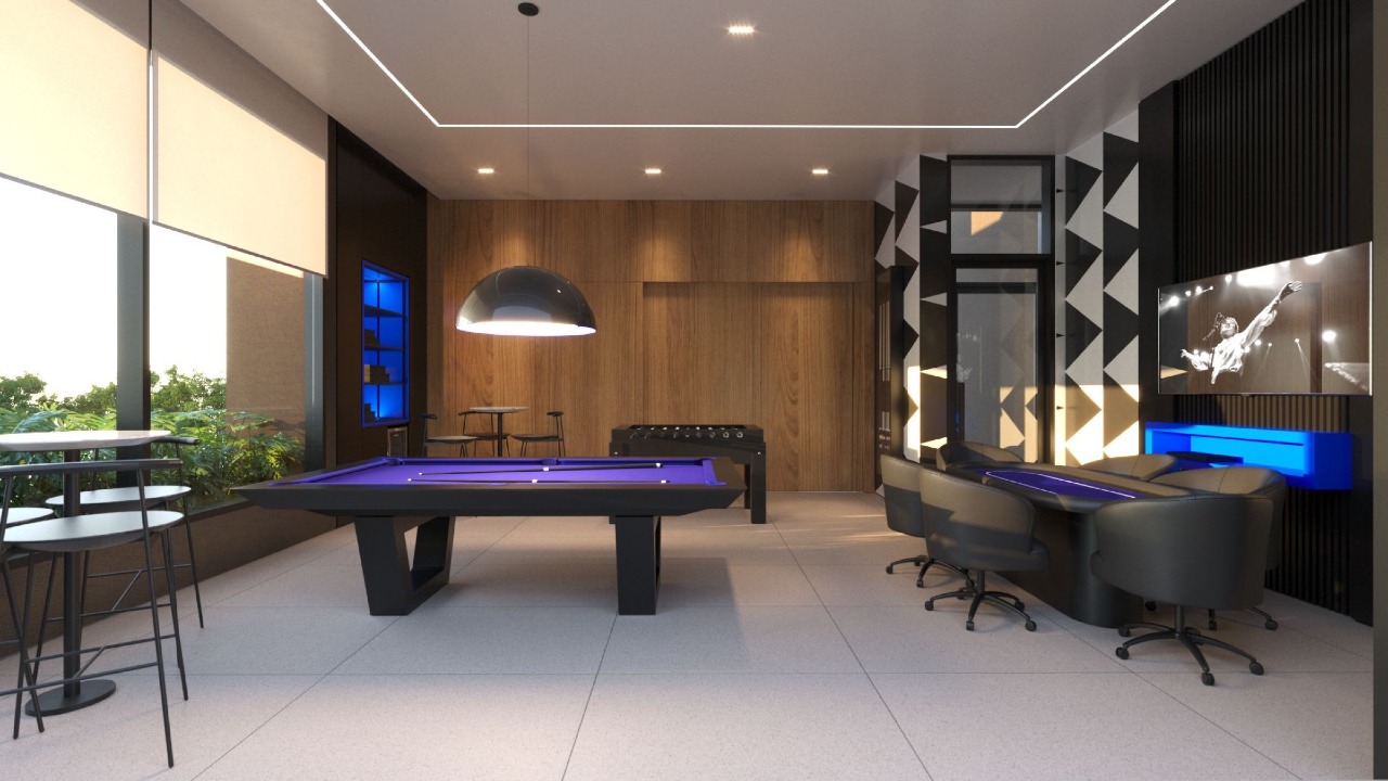 Apartamento à venda no Centro: Sala de jogos com mesa de sinuca e mesa de carteado (imagem ilustrativa)