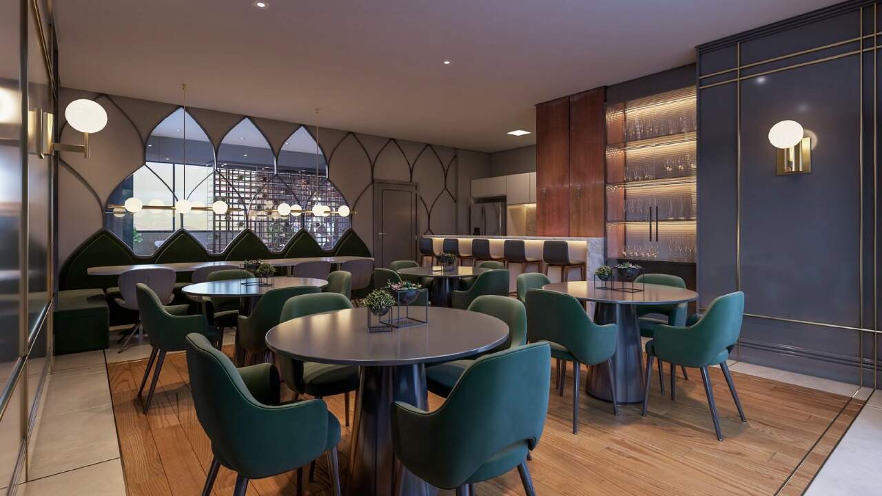 Apartamento à venda no Centro: Gourmet Cabernet Sauvignon com mesas redondas (imagem ilustrativa)