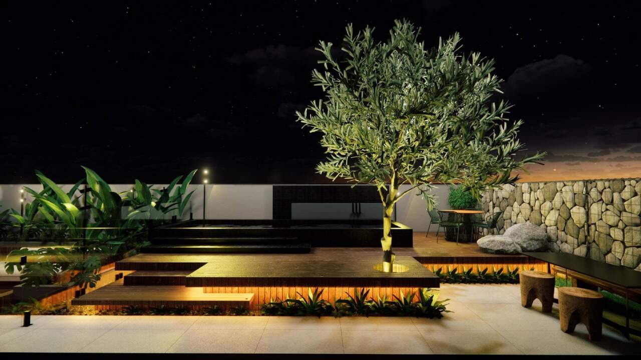Apartamento à venda no Centro: Espaço Cabernet Franc à noite, com deck, oliveira e piscina privativa (imagem ilustrativa)