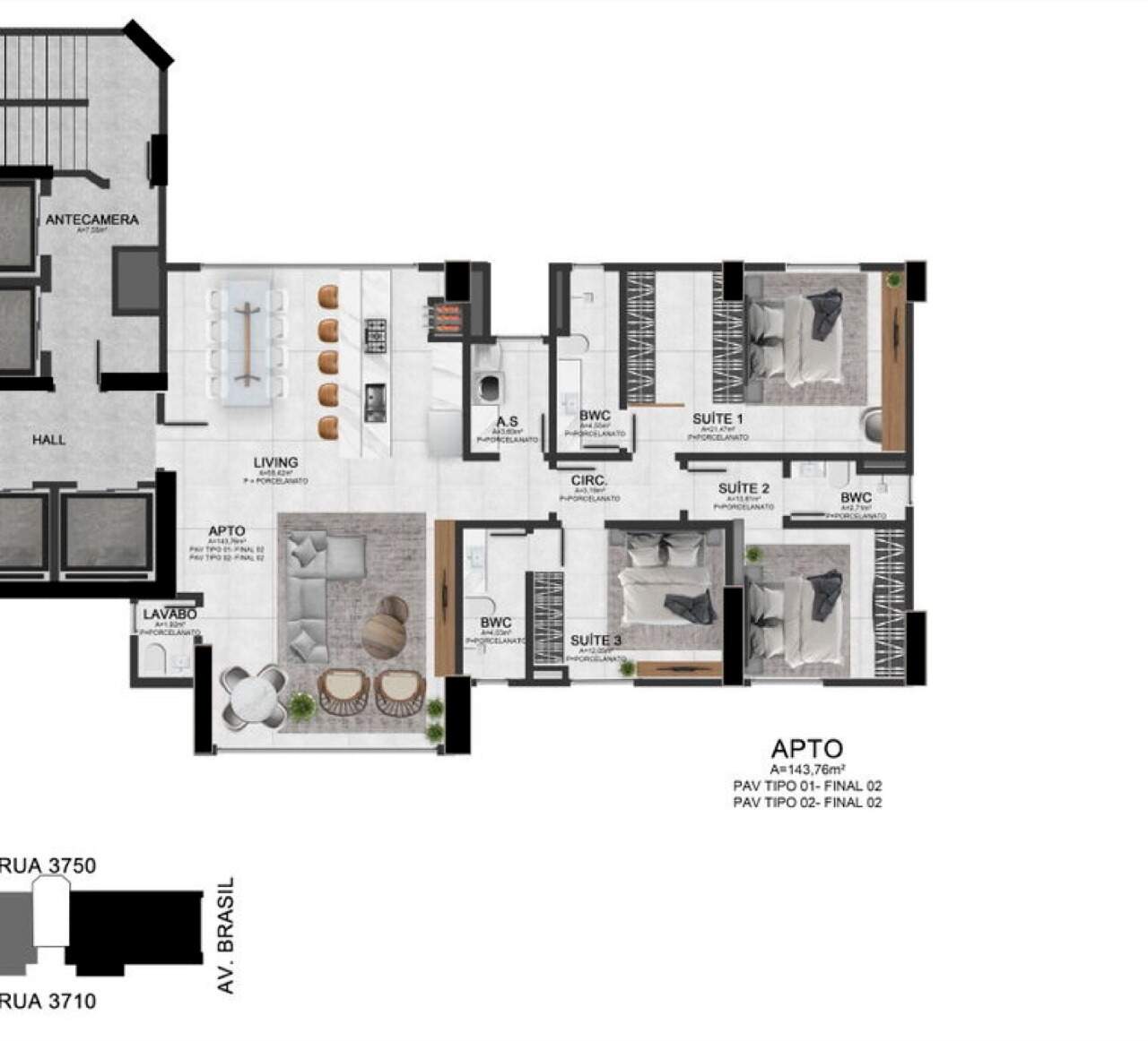 Apartamento à venda no Centro: Planta de referência do lado de 3 suítes no pavimento tipo (imagem ilustrativa)