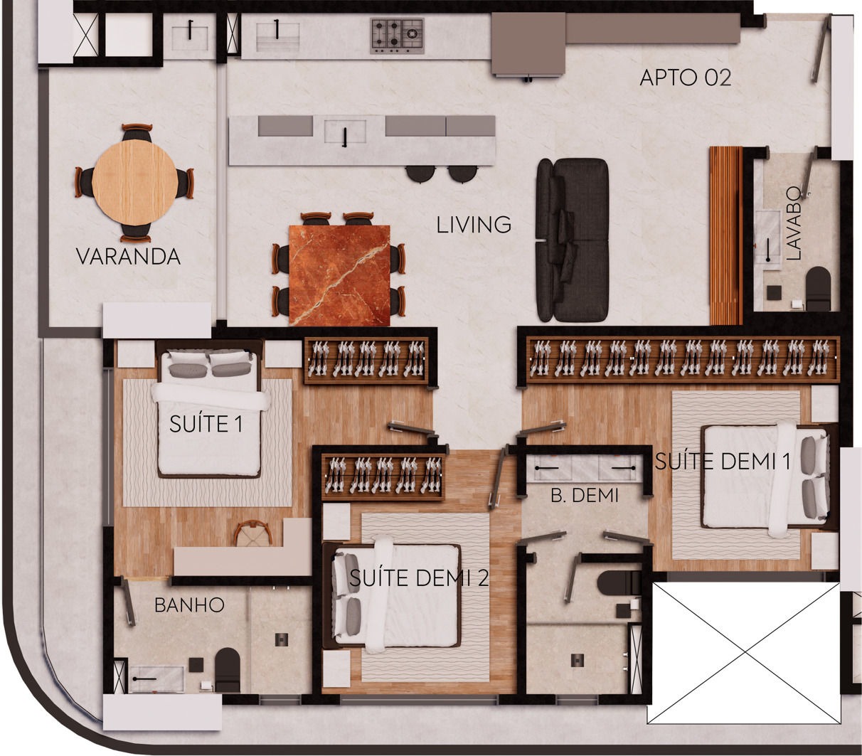 Apartamento à venda no Praia Brava: Planta do apartamento de 3 dormitórios com 99,81 m² (imagem ilustrativa)