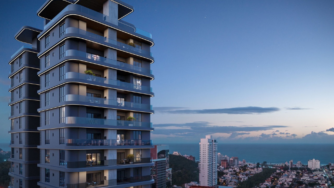 Apartamento à venda no Praia Brava: Varandas curvas da torre do Brava Green Home Club ao anoitecer (imagem ilustrativa)