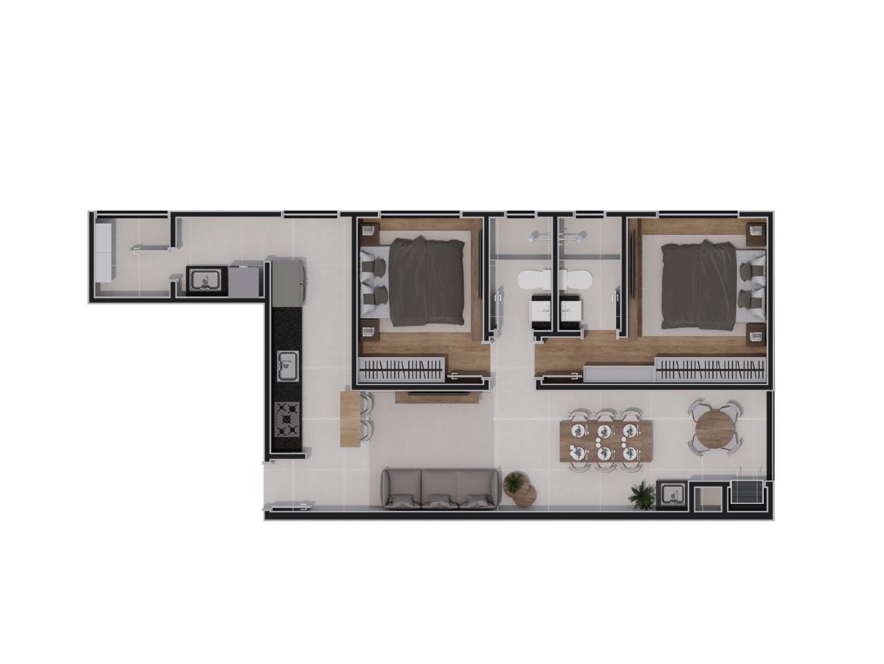 Apartamento à venda no Centro: Planta do apartamento de 2 dormitórios com suíte (imagem ilustrativa)