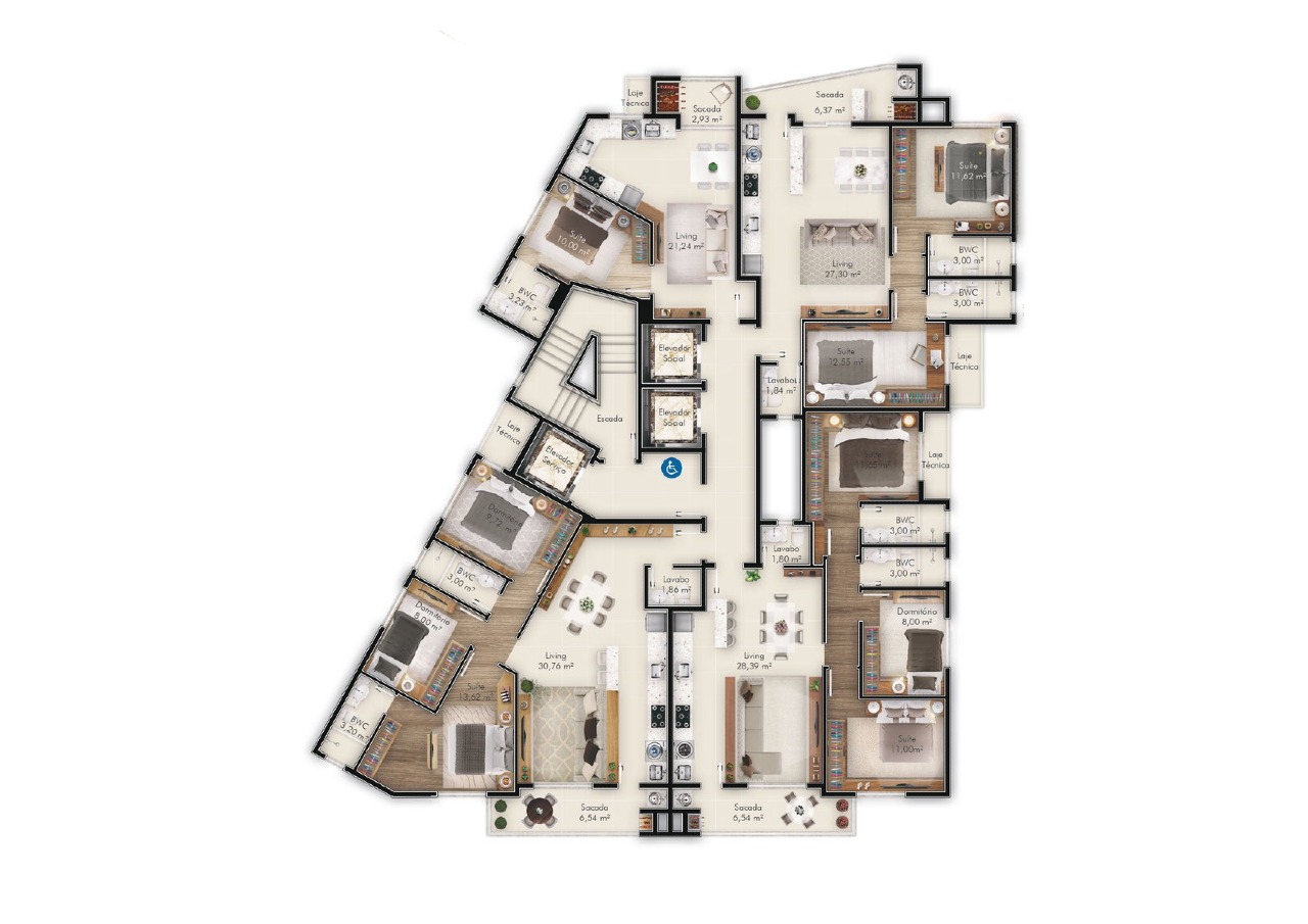 Apartamento à venda no Fazenda: Planta dos andares com 4 apartamentos, com o de 2 suítes (imagem ilustrativa)
