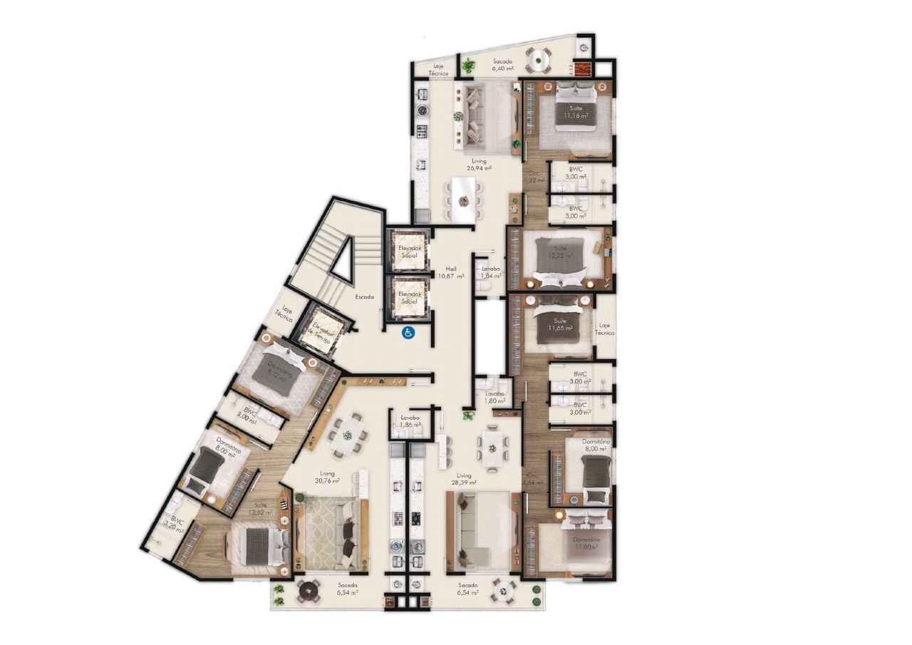 Apartamento à venda no Fazenda: Planta dos andares com 3 apartamentos, com o de 2 suítes (imagem ilustrativa)